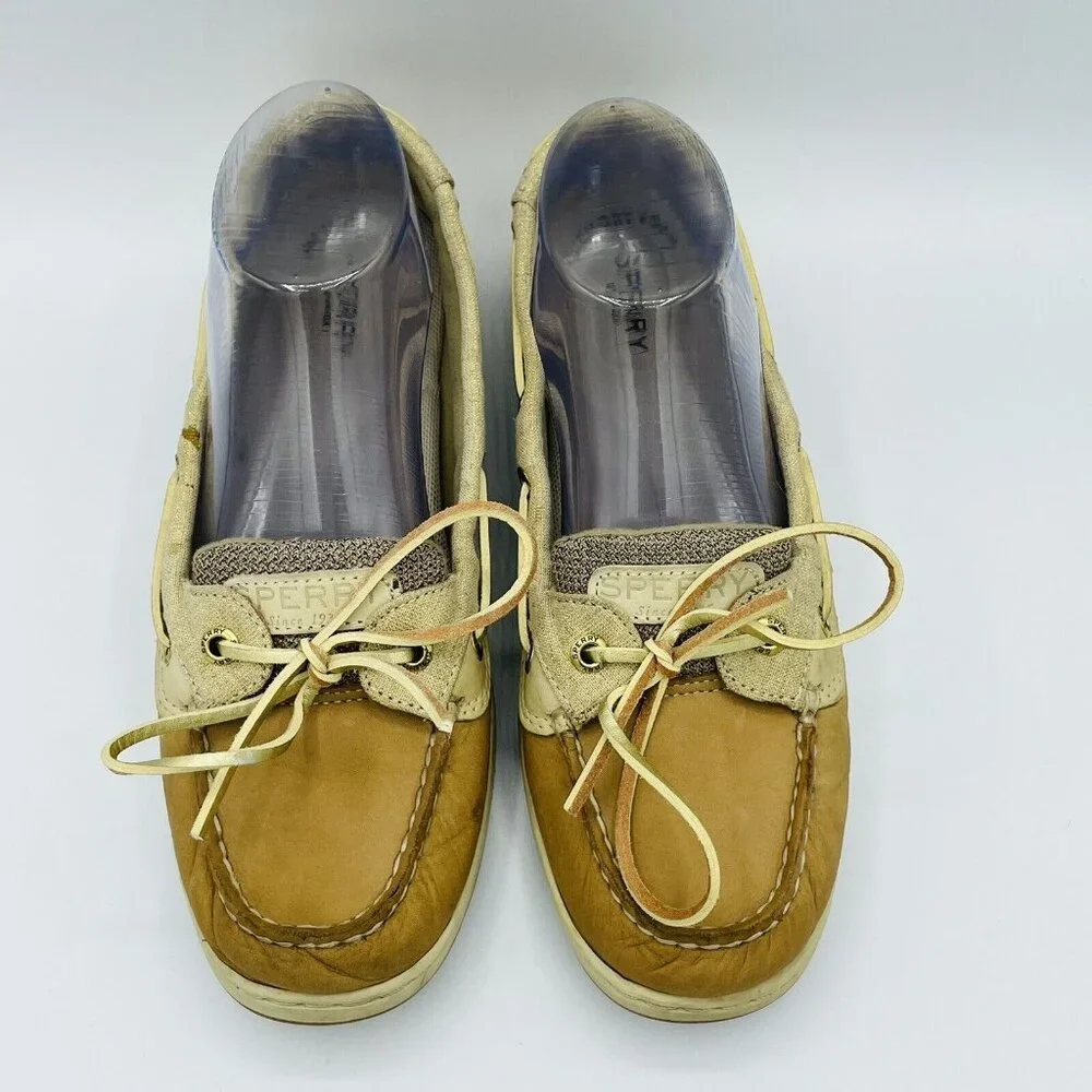 Sperry Top Sider Shoes Womens Size 8 M Tan Boat Shoe Slip On Brown Leather Lace - Picture 5 of 12